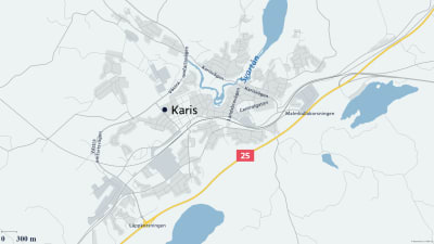 En karta som visar Karisvägen och andra vägar och gator i Karis.