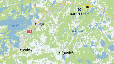 En karta över Lojo, Sjundeå och Virkby med ett svart kryss. Under krysset står det Kaffelandet.