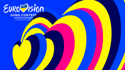 Logon för Eurovision Song Contest 2023. Hjärtan i olika färger, ovanpå en blå bakgrund.