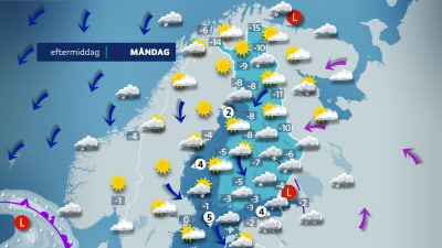 Väderkartan visar minusgrader i hela landet måndagen den 6.3.2023.