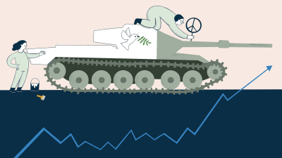 En illustration med en börskurva som pekar uppåt, och en pansarvagn som pryds med fredssymboler.