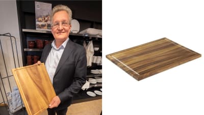 En bild på Jukka Naulapää som håller i ett skärbräde bredvid en bild på ryska Stockmanns skärbräde.