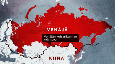 Venäjän kartta, johon on piirretty nyky-Venäjän rajojen lisäksi Venäjän keisarikunnan raja 1917.