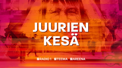 Iäkkään naisen kasvot, edessä ihmisiä kävelemässä. Kuvakooste. Yle Radio 1:n ja Yle Teeman Juurien kesä -kauden kuva.