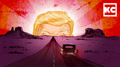 Kuvituskuvassa avolava-auto ajaa aavikolla, valtava Trumpin pää nousee horisontista auringon lailla