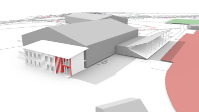 Skissbild över idrottshall och ett planerat tillbygge.