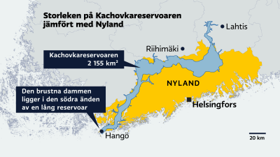 En karta som visar storleken på Kachovkareservoaren jämfört med Nyland.