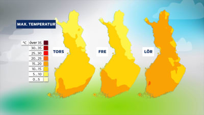 Kartan visar de högsta dagstemperaturerna för torsdag, fredag och lördag.