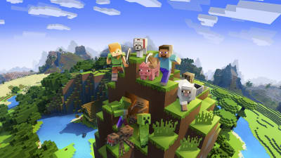 Startbild för spelet Minecraft: kantiga spelfigurer står på en kantig kulle i brunt och grönt.
