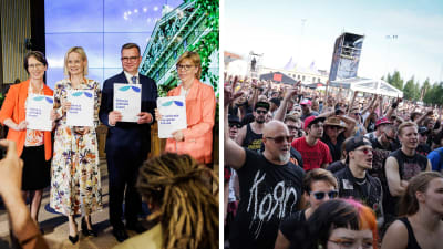 En bild på Sari Essayah, Riikka Pura, Petteri Orpo och Anna-Maja Henriksson bredvid en bild på festivalpublik.
