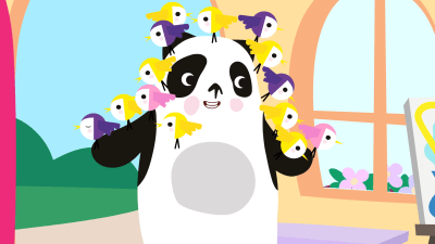 Animaatiohahmo Momolu-pandan pään päällä istuu paljon pikkulintuja.