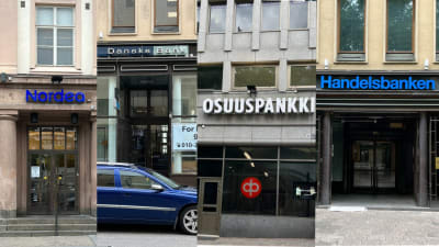 Kuvakollaasi pankkien logoista. Kuvassa Handelsbanken, Nordea, Danske Bank ja Osuuspankki.