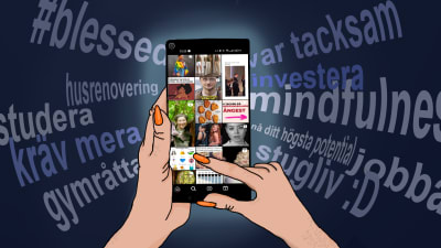 Digital illustration på ett par händer som bläddrar på sociala medier på smarttelefonen.