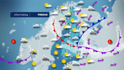 En väderprognos över Finland fredag eftermiddag 20 juli 2023, som visar lite varierande väderlek, med lite mer sol i söder och ett regnområde i mellersta Finland.