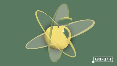 Omenan ympärillä kiertää kehää atomin kaltaiset kaaret.