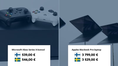 Xbox Series X-konsol: Finland 539 euro, Sverige 546 euro. Apple Macbook Pro-laptop: Finland 3799 euro, Sverige 3529 euro.