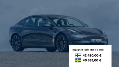 Begagnad Tesla Model 3-elbil: Finland 42480 euro, Sverige 40363 euro.
