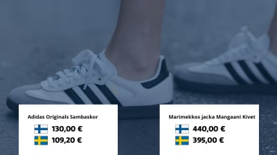 Adidas Originals Sambaskor: Finland 130 euro, Sverige 109,20 euro. Marimekkos jacka Mangaani Kivet: Finland 440 euro, Sverige 395 euro.