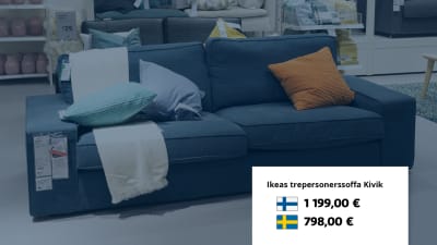 Ikeas trepersonerssoffa Kivik: Finland 1199 euro, Sverige 798 euro.