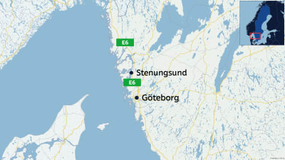 Karta över Stenungsund, Göteborg och en motorväg.