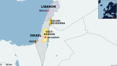 Karta som visar Israel och Libanon, samt Gaza, Golanhöjderna och Västbanken.