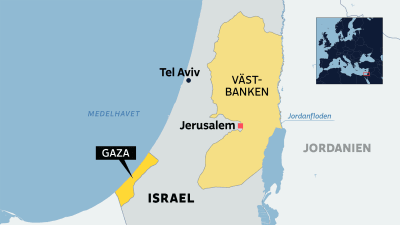 Kartan med Israel, Gaza och Västbanken. Också Tel Aviv och Jerusalem.