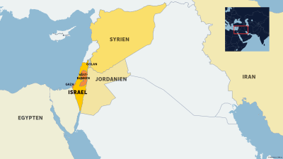 Karta med Israel, Jordanien, Egypten, Syrien och Iran.