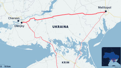 Kartalla paksulla tiereitit Melitopol, Olesjky välillä, Olesjky, Krim välillä ja Melitapol, Krim välillä.