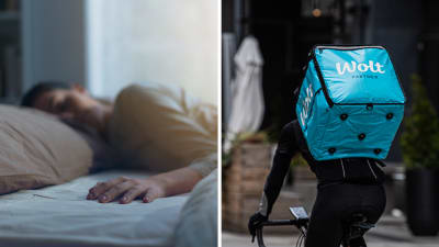 Bildmontage. En bild på en kvinna som ligger och sover, samt en bild på ett matbud som cyklar med en Wolt-väska på ryggen.