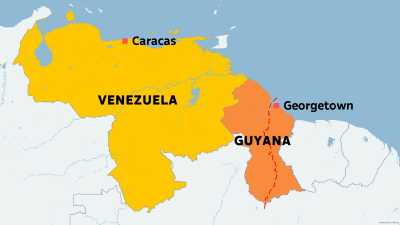Karta som visar Venezuela, Guyana och linjen längs med floden Essequibo.
