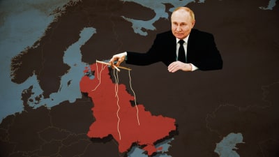En collagebild med Vladimir Putin som kontrollerar den gamla sovjetiska intressesfären likt en marionettdocka. 