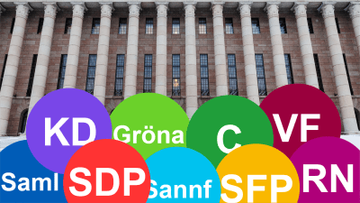 Riksdagshuset i bakgrunden. Framför är det grafik som föreställer olika färgade bollar med Finlands partiers förkortningar.