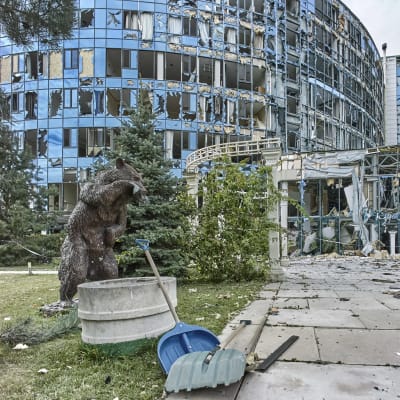 Två stora glasbyggnader är helt förstörda. I framgrunden en bild av en björn.