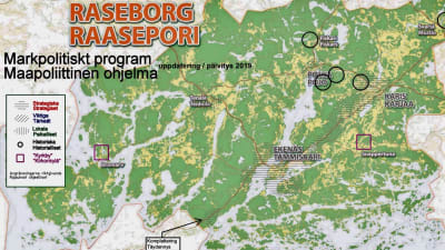 En karta som visar de markpolitiskt betydelsefulla områdena i Raseborg 2020.