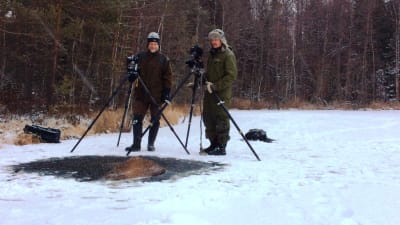 Två män står på isen med kameror på stativ. En del av en död älg syns ovanför isen.