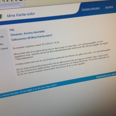 Dataskyddsansvariga hälsovårdaren Annina Oksanen har loggat in på sin Kanta-sida.