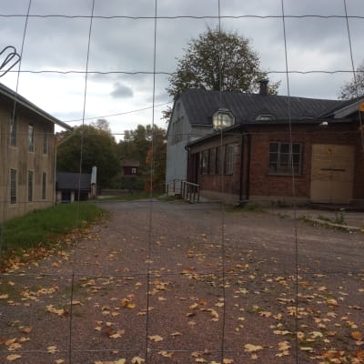 Byggnader i Billnäs bruk sedda genom ett stängselnät. Höstlöv.