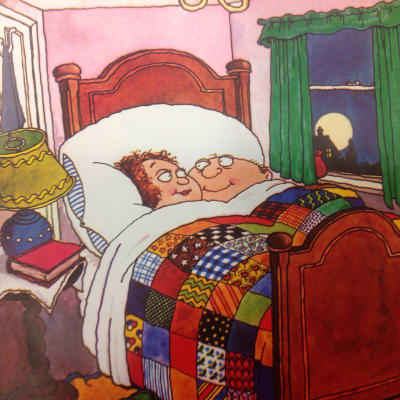 Piirretty pariskunta makaa sängyssä 70-luvun seksivalistuskirjan kuvituksessa