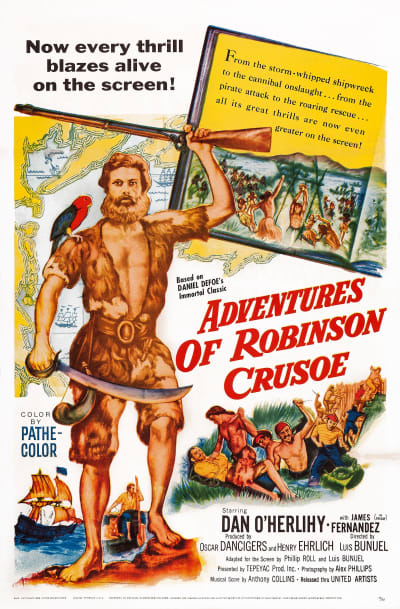 Affisch för filmatisering av Robinson Crusoe från år 1954.