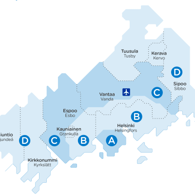 En karta över den nya zonfördelningen inom Helsingforsregionens trafiks område.
