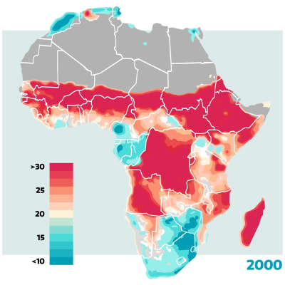 Karta över undernärda barn i Afrika. Visar procentuellt förekomsten av barn med moderat eller allvarlig undervikt år 2000.