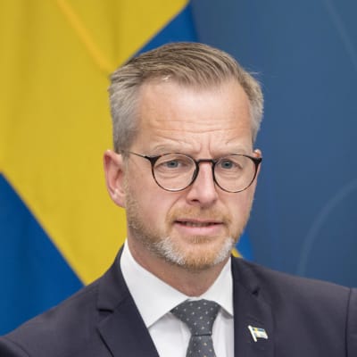 Inrikesminister Mikael Damberg vid regeringskansliets presspodium med svenska flaggor i bakgrunden.