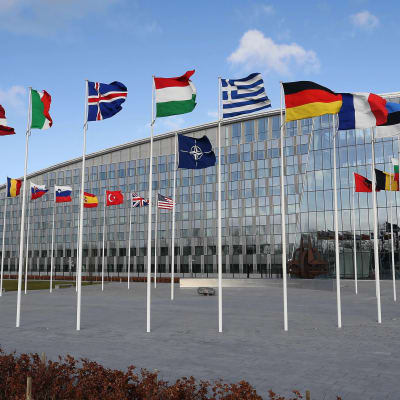 Nato-ländernas flaggor i topp vid Natos högkvarter i Bryssel.