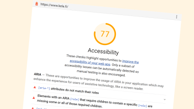 Skärmdump av en tillgänglighetsrapport som ger vitsordet 77 i "Accessibility" för webbplatsen www.kela.fi