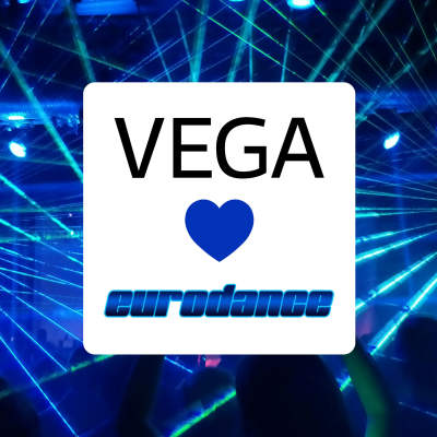 Blåa neonljus i bakgrunden och en text som säger Vega älskar eurodance.