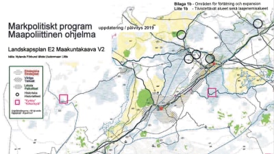 Landskapsplanens karta som visar vilka områden i Raseborg som räknas som strategiskt viktiga. 