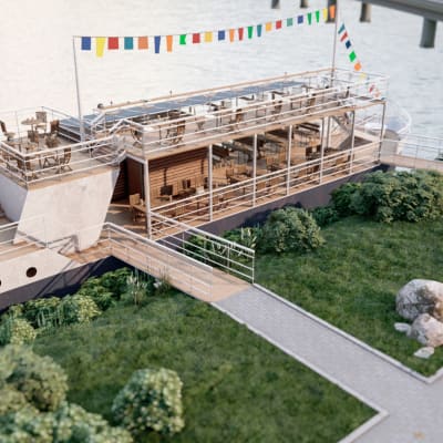 Havainnekuva Ouluun Vännmannin saaren rantaan kesällä 2021 tulevasta ravintolaiva Bootista.