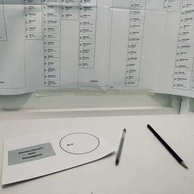 Äänestyskopin sisällä äänestyslippu ja kyniä pöydällä sekä ehdokaslistojen yhdistelmä seinällä. 