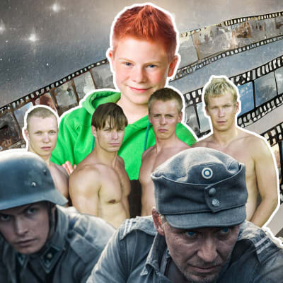 Sotilaita, nuoria miehiä ja punahiuksinen lapsi vihreässä hupparissa poseeraavat.