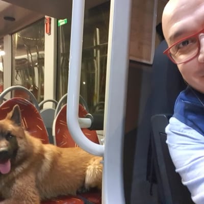 En hund ligger över två säten på en tom buss. I förgrunden syns busschaufören, en skallig man med glasögon som tar bilden som en selfie.
